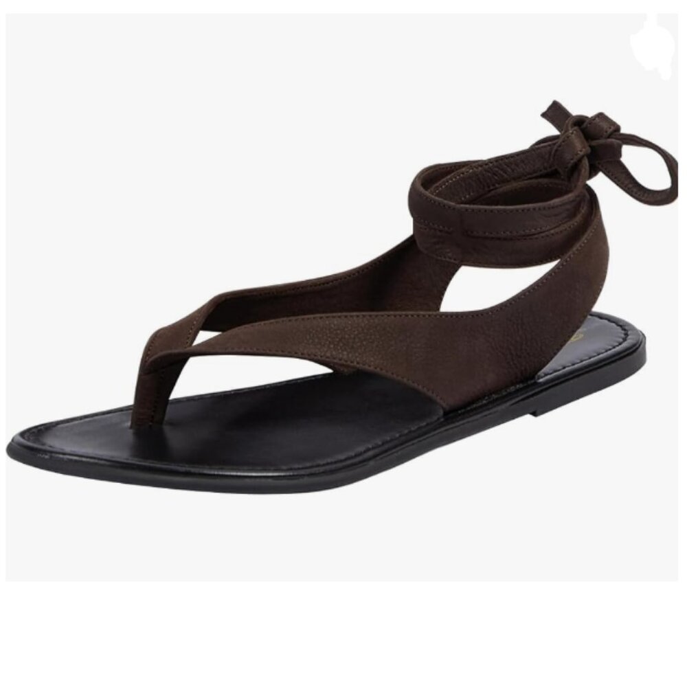 FOWT Dark Brown Split Round Toe Sandals Lace up Strappy Soft Flip Flop Flat Shoe